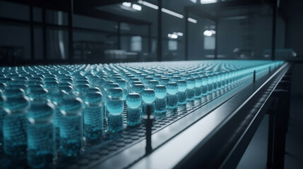 Fototapeta premium Pharmaceutical manufacture background with glass bottles with clear liquid on automatic conveyor line. COVID-19 production platform. Generative AI.