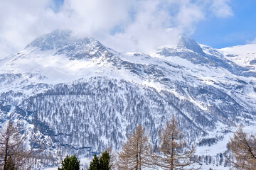 Fototapeta na wymiar Canton Graubunden, Switzerland : Landscape in Alp Grum train station (Bernina express) during winter season
