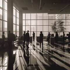 Blurred silhouettes of people in a coworking space or office space. generative ai