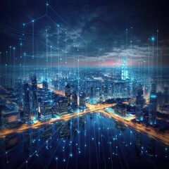 Fototapeta premium city skyline at night, smart city and abstract line and dot connect with gradient line design, big data connection technology. generative ai
