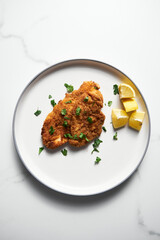 Baked Chicken Schnitzel on white plate with lemon. Rack or grid with baked schnitzel in breadcrumbs on background. 