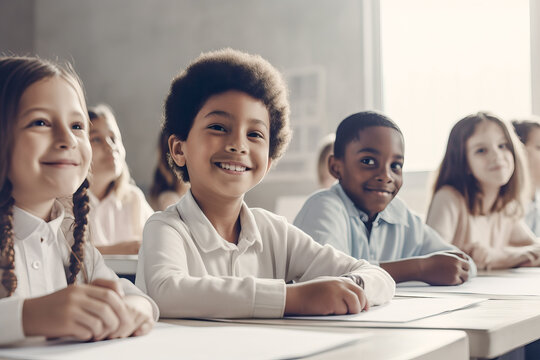 Children of different races smiling sitting at a table in their class at school. Back to school concept. Generative AI