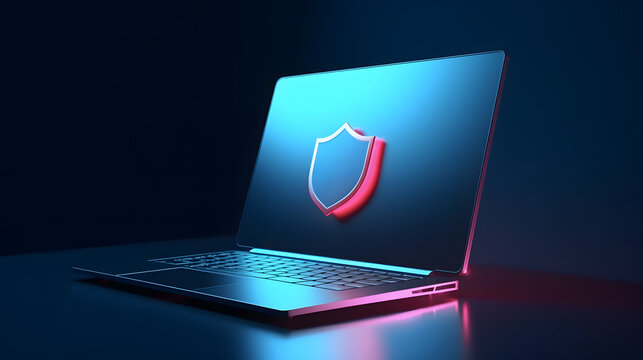 Laptop mit einem 3D Schild auf dem 
Ddisplay, Cyber security, Data protection, Concept illustration