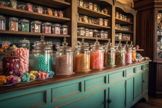 candy shop with vintage interior, candy jars and glass displays, created with generative ai
