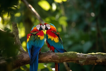 a pair of cute macaws on a tree branch