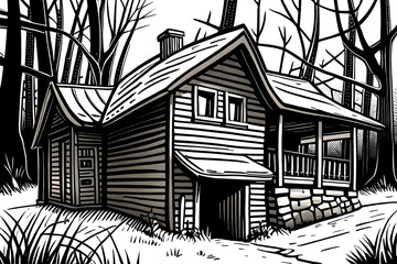 Ink painting of house in the woods. Created using generative AI.