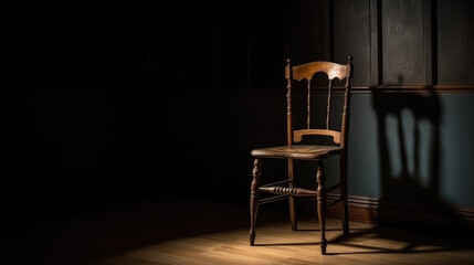 Single old wooden empty chair in an empty room with very dark light. Generative AI.