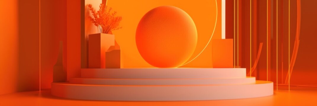 A  orange podium on a bright background. Exhibition scene for promotion brand. 3d render composition. Stage for the presentation of new products. Generate AI