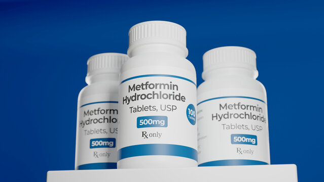 Metformin hydrochloride tablets bottle on blue background. Diabetes treatment drug 3d rendering.