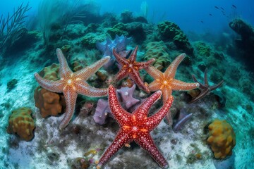 Micro Nature and Landscape Starfish, vibrant colors, multiple arms, radial symmetry, tube feet, textured surface, underwater habitat, coral reef, swaying seaweed, diverse marine life 3 - AI Generative