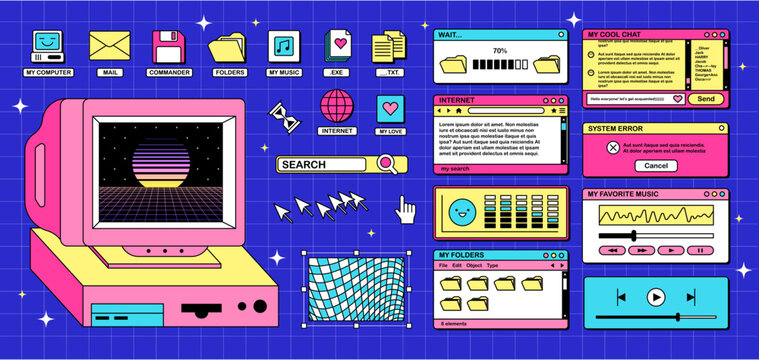 The screen of an old retro PC in the y2k style. Retro wave and vaporwave background. Bright vintage computer interface