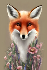 Fototapeta premium Beautiful fox with floral decor. Colorful wildlife portrait. Poster for spring holidays, generative AI.