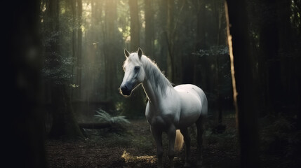 Obraz na płótnie Canvas Single white horse in the middle of a dark forest between the trees. Generative AI.