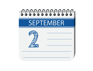 2 september calendar page vector. 3d one day calendar date appointment, deadline, event reminder illustration. Abstract three dimensional daily date appointment, agenda, event calendar. 