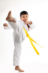 Kick. kids karate martial arts. Taekwondo uniform with yellow belt. Asian school boy isolated on white background banner © NVB Stocker