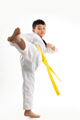 Kick. kids karate martial arts. Taekwondo uniform with yellow belt. Asian school boy isolated on white background banner © NVB Stocker