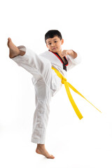 Kick. kids karate martial arts. Taekwondo uniform with yellow belt. Asian school boy isolated on white background banner © NVB Stocker