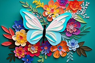 Paper butterfly with colorful flowers on green background illustration. Generative AI