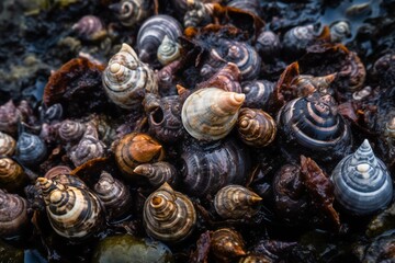 Micro Nature and Landscape Marine snails, spiral shells, various sizes, diverse patterns, smooth texture, rocky shoreline, shallow tidal pools, seaweed-covered rocks 4  - AI Generative