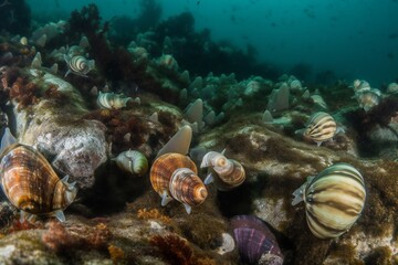 Micro Nature and Landscape Marine snails, spiral shells, various sizes, diverse patterns, smooth texture, rocky shoreline, shallow tidal pools, seaweed-covered rocks 1 - AI Generative