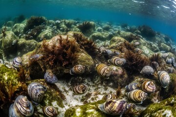 Obraz na płótnie Canvas Micro Nature and Landscape Marine snails, spiral shells, various sizes, diverse patterns, smooth texture, rocky shoreline, shallow tidal pools, seaweed-covered rocks 2 - AI Generative