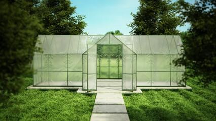 Greenhouse on the garden with green grass and trees. 3D illustration
