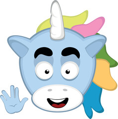 vector illustration face of a cartoon unicorn with a happy expression, doing the classic vulcan salute with his hand