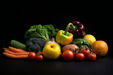 Healthy food on the black background with copy space. Fruit, vegetable, seeds, superfood, leaf vegetable. Healthy eating concept. Generative AI