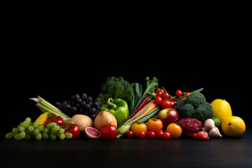 Naklejka na ściany i meble Healthy food on the black background with copy space. Fruit, vegetable, seeds, superfood, leaf vegetable. Healthy eating concept. Generative AI