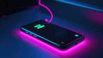 Futuristic neon phone on dark background