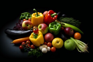 Fototapeta na wymiar Healthy food on the black background with copy space. Fruit, vegetable, seeds, superfood, leaf vegetable. Healthy eating concept. Generative AI