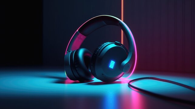 Futuristic neon headphones on dark background