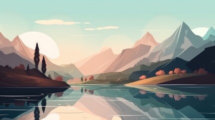 Naklejka na ściany i meble Landscape with mountain and sea in minimal cartoon style