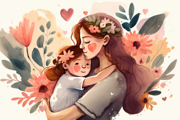 Hand drawn mother day graphic illustration banner template copy space background watercolor style. Generative ai. 