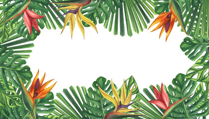 Banner frame green palm leaves strelitzia flower. Monstera Likuala Jungle tropical exotic. Hand-drawn watercolor illustration isolated on white background. For logo card poster label invitations