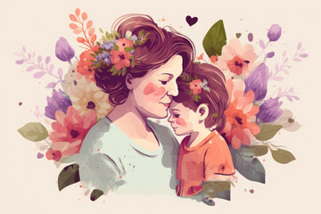 Hand drawn mother day graphic illustration banner template copy space background watercolor style. Generative ai.	