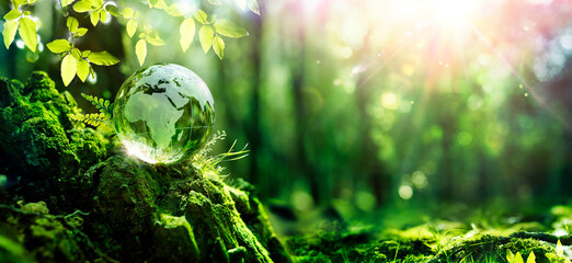 Earth Day  - Green Globe In Forest With Moss And Defocused Abstract Sunlight - Environment Concept - obrazy, fototapety, plakaty