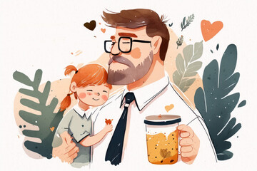 Hand drawn father day graphic illustration banner template copy space background watercolor style. Generative ai.	