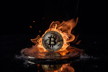 Burning bitcoin coin in a fire with smoke