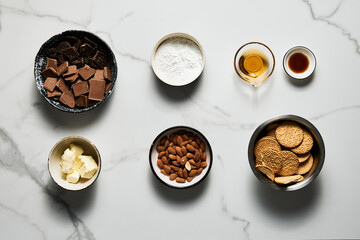 Portuguese chocolate salami ingredients on white marble background