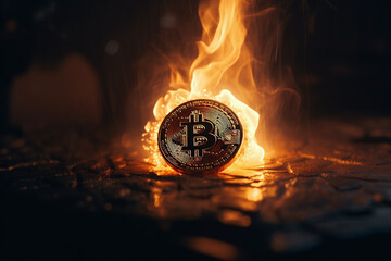 Burning bitcoin coin in a fire with smoke