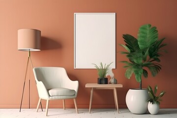3d living room with framed wall art, wooden floor, lamp, and plant on orange background, in the style of minimalist backgrounds - generative ai