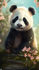 Obraz premium Bébé panda appréciant le printemps, fond de printemps