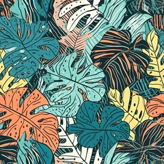 Modèle sans couture d'une œuvre d'art tropicale, avec des éléments multicolores dessinés à la main et un arrière-plan amusant. Motif Monstera parfait pour la mode et la décoration