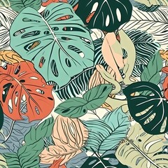 Mod&egrave;le sans couture d'une &oelig;uvre d'art tropicale, avec des &eacute;l&eacute;ments multicolores dessin&eacute;s &agrave; la main et un arri&egrave;re-plan amusant. Motif Monstera parfait pour la mode et la d&eacute;coration