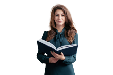 A young female teacher holds a textbook book, transparent background.