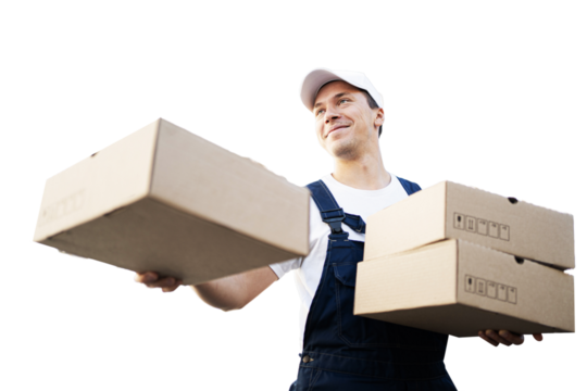 A young guy working in a courier company delivers boxes by courier, transparent background.