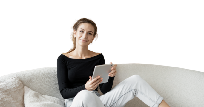 A woman in a white shirt freelancer uses a tablet on the couch, transparent background. - Powered by Adobe