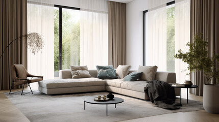 View inside a modern livingroom with a bog sofa. Generative AI.