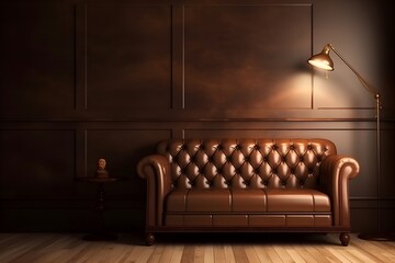 an empty room with golden leather sofa and lamp, in the style of darkly detailed, dark brown - Generative AI